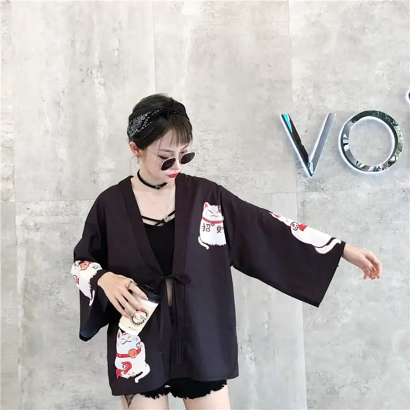 Giacca Kimono da donna nera Neko Cat