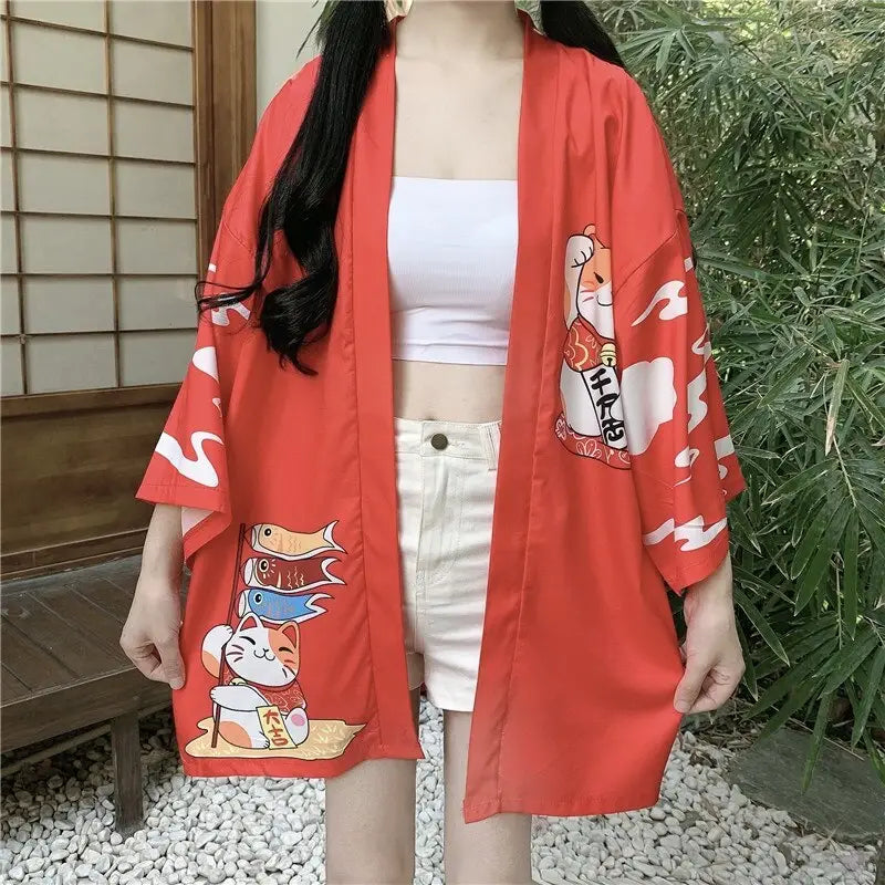 Veste kimono rouge Lucky Cat pour femme