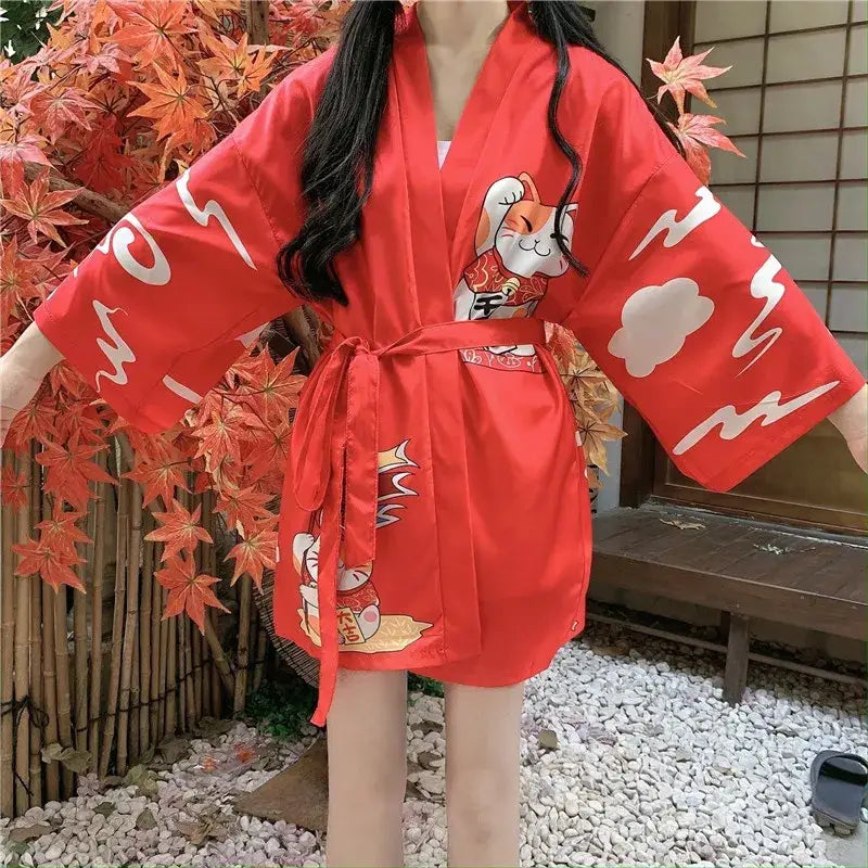 Chaqueta kimono de mujer roja Lucky Cat