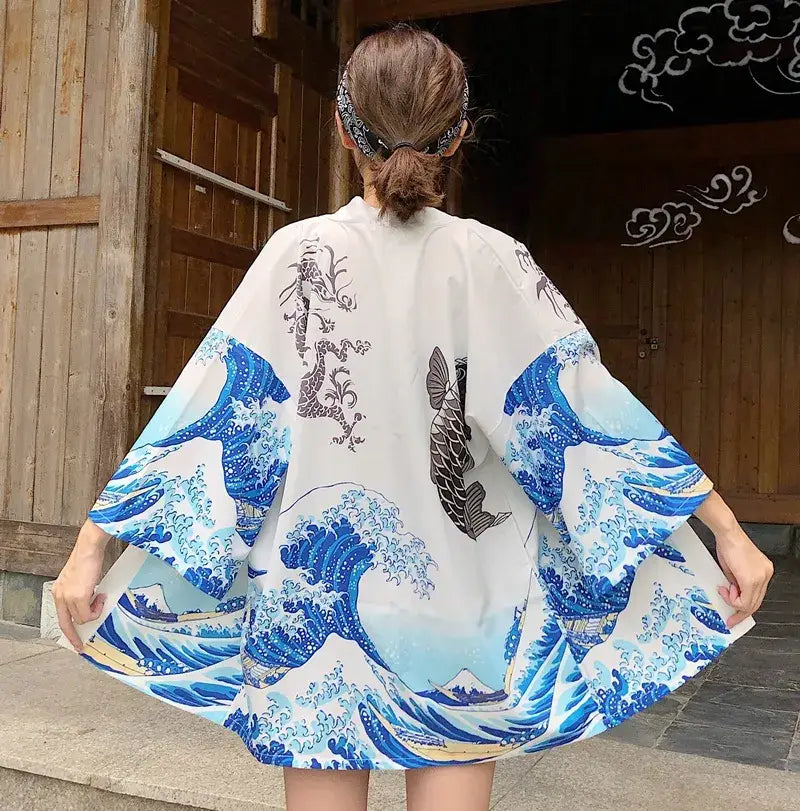 Veste kimono femme blanche Wave