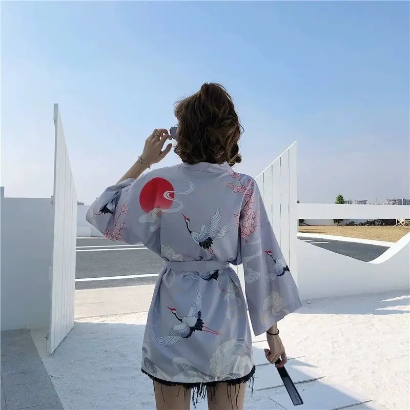 Chaqueta tipo kimono gris para mujer Flying Cranes