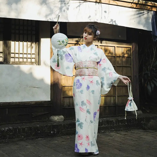 Kimono Femme Blanc Fleurs Pastel