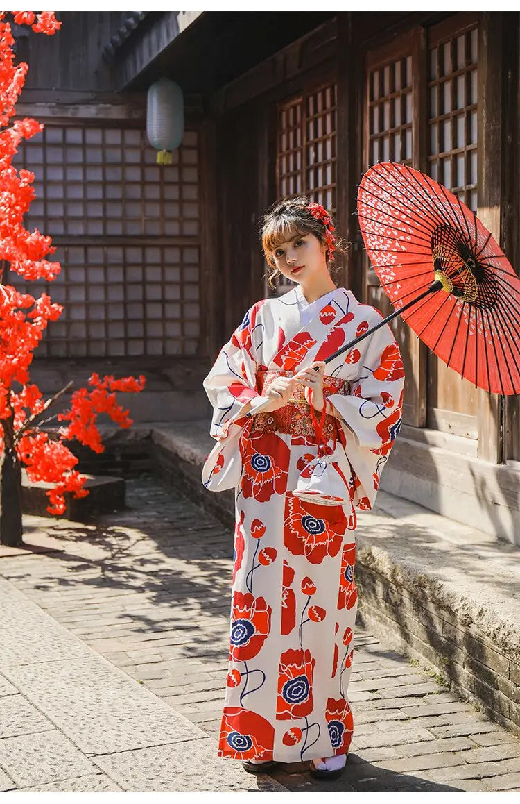 Red Florals White Women’s Kimono