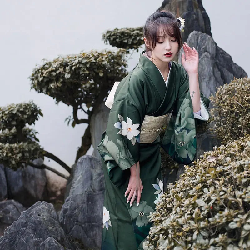 Kimono da donna floreale verde foresta