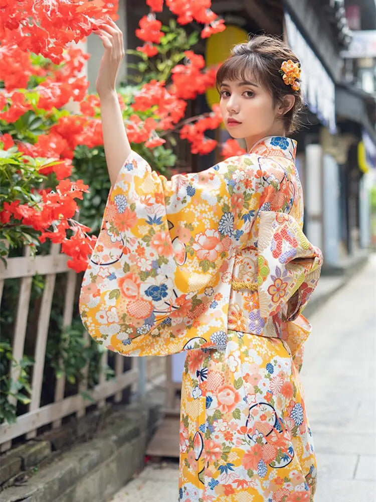 Kimono Femme Jaune Floral