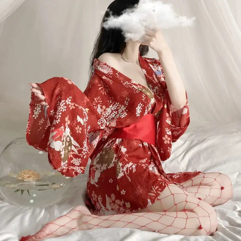 Kimono En Soie Floral Rouge Femme