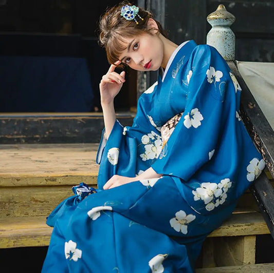 Kimono Femme Blanc Floral Bleu
