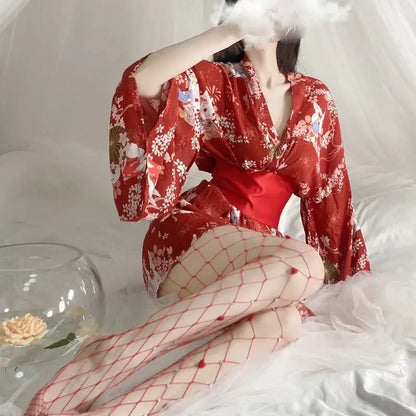 Women Red Floral Silk Kimono