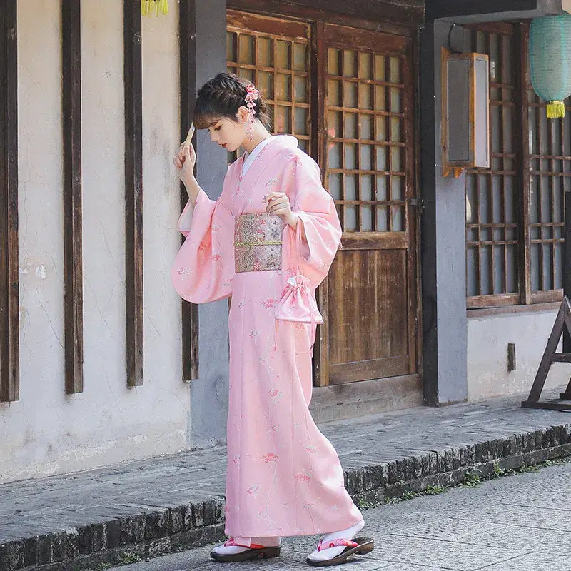 Kimono femme motif éventail rose
