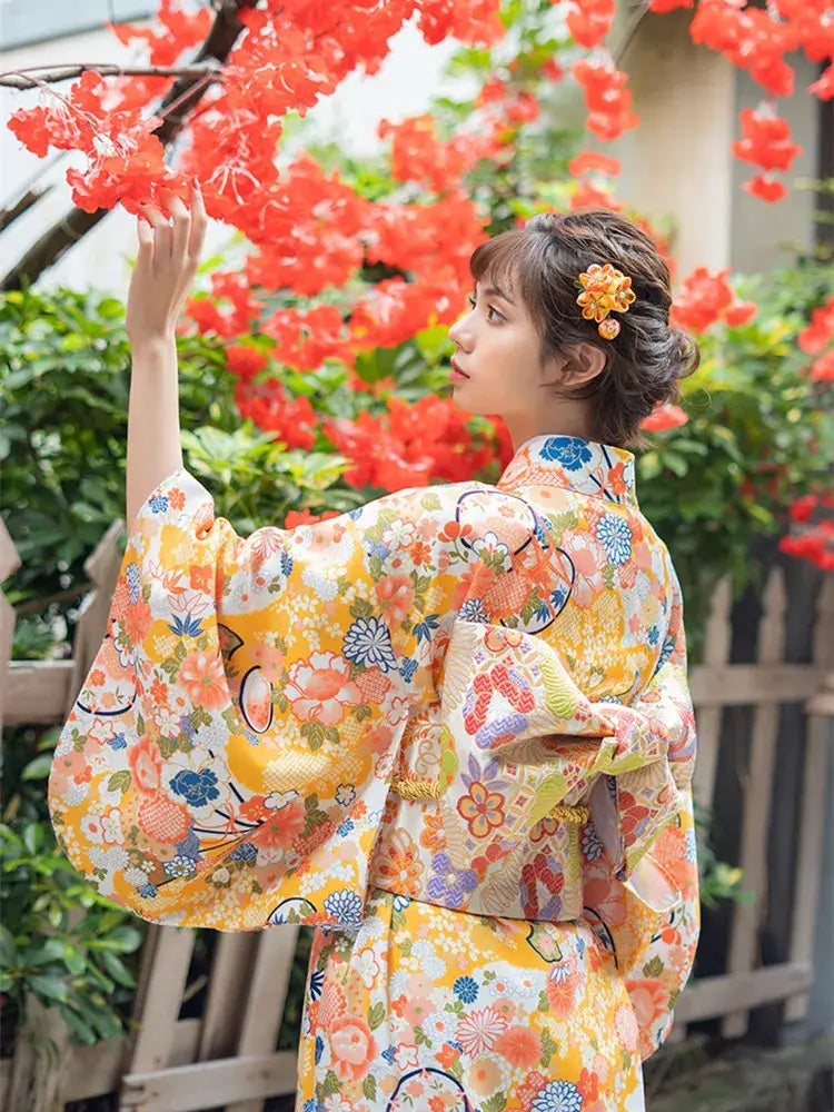 Kimono Femme Jaune Floral