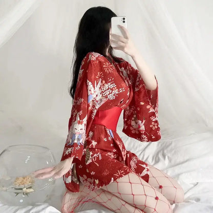 Women Red Floral Silk Kimono