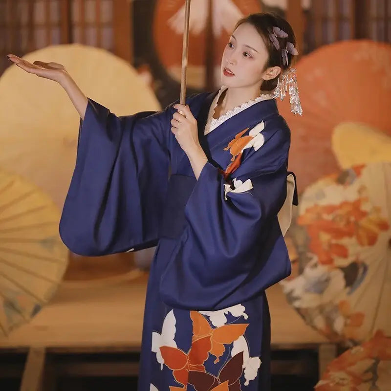 Kimono Femme Bleu Marine Papillon