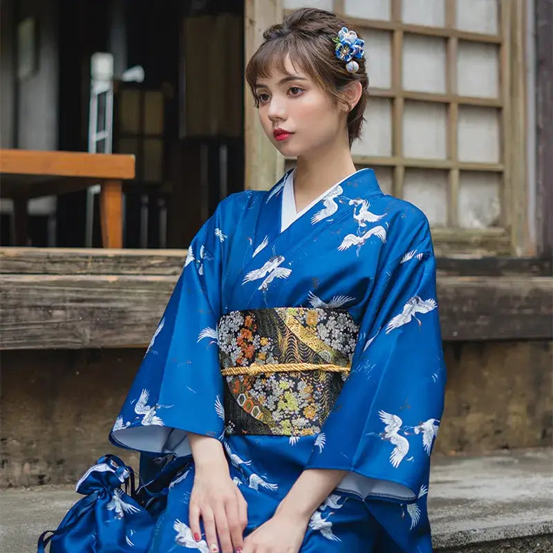 Kimono da donna blu gru bianca