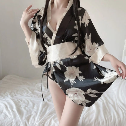 White Floral Black Silk Women Kimono