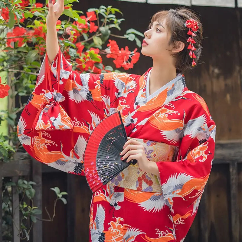 Kimono da donna rosso Crane Birds