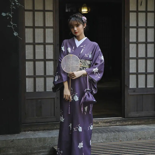 Kimono Femme Blanc Floral Violet