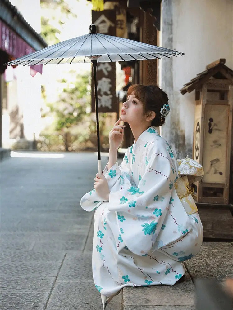 Kimono Femme Vert Sakura Blanc