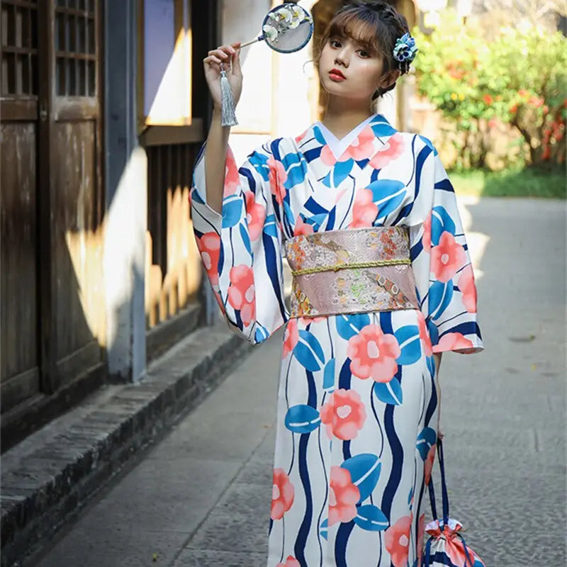Kimono Femme Waves Floral Blanc