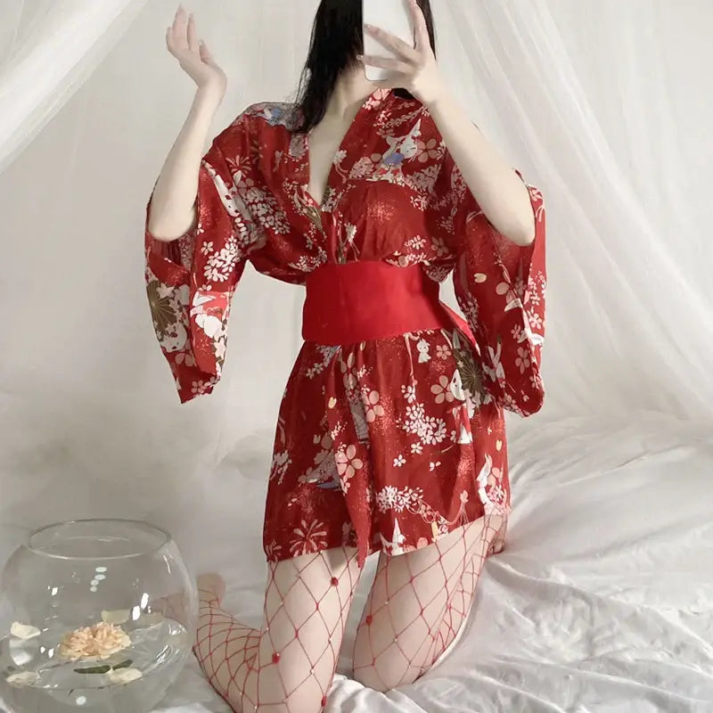 Kimono En Soie Floral Rouge Femme