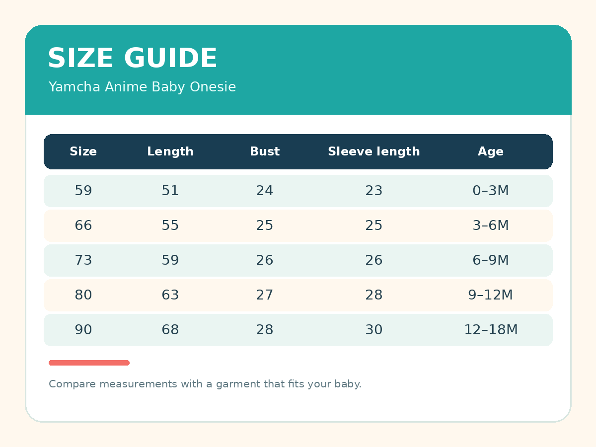 Yamcha Anime Baby Onesie size chart with original measurements