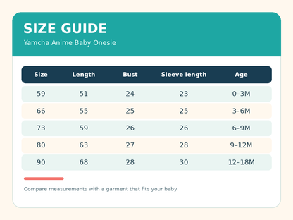 Yamcha Anime Baby Onesie size chart with original measurements