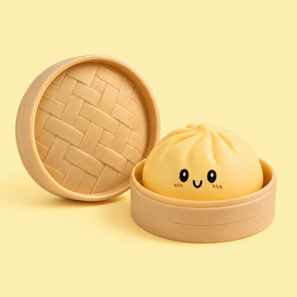 Yellow Pastel Dumpling Squishy in its case on a plain butter yellow pastel background