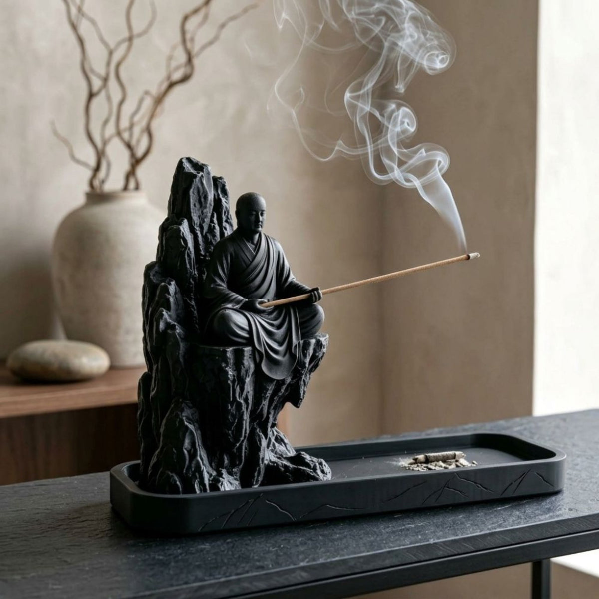 Zen monk incense holder seated on a dark mountain with curling incense smoke