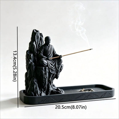 Zen monk incense holder size guide, 13.4 cm tall and 20.5 cm long