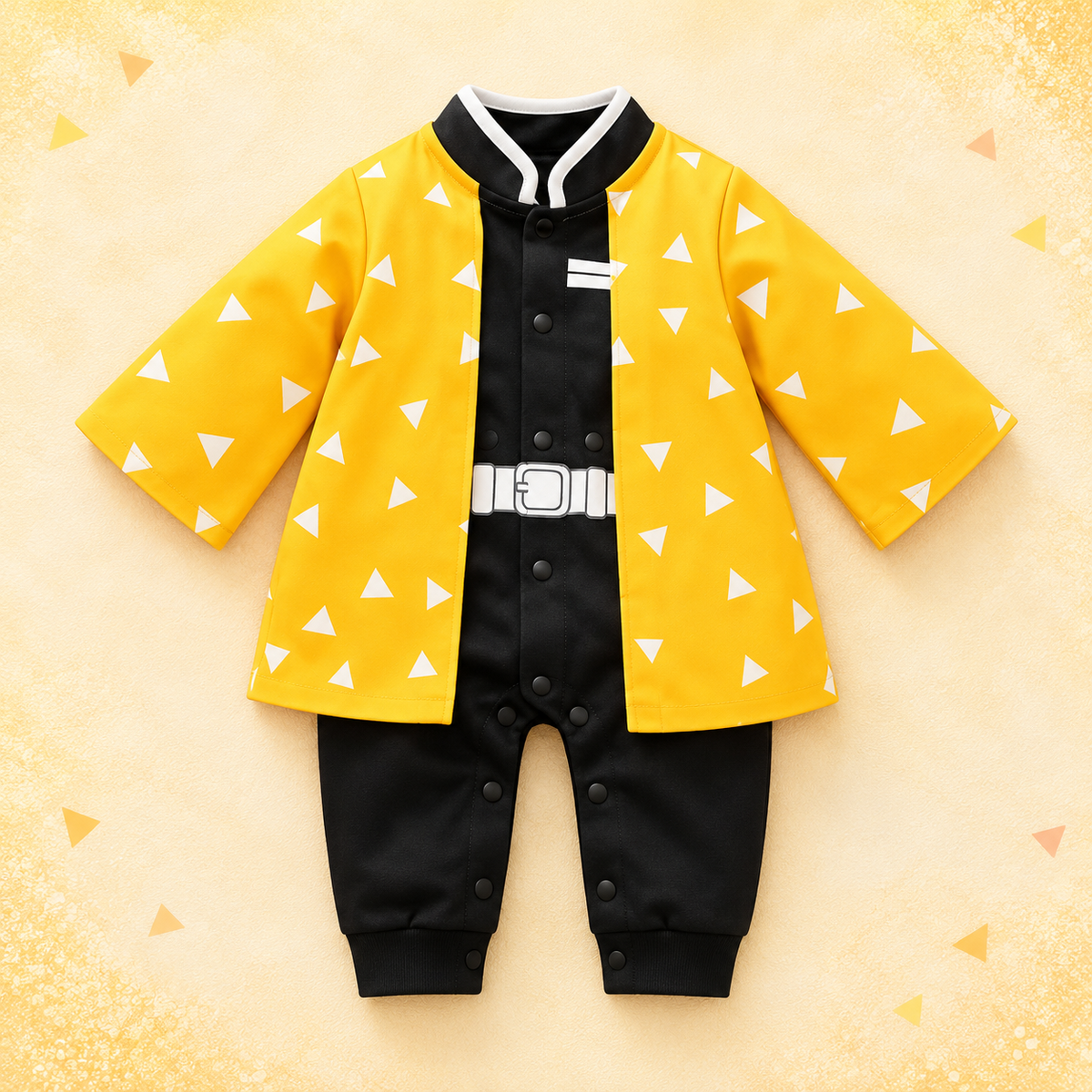 Zenitsu baby onesie front view in a bright golden flat lay