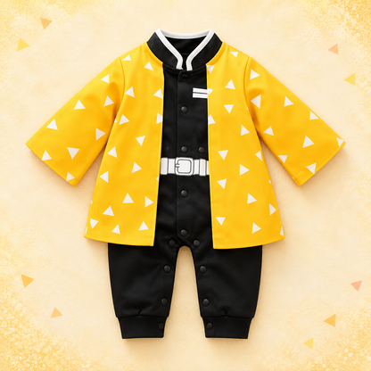 Zenitsu baby onesie front view in a bright golden flat lay