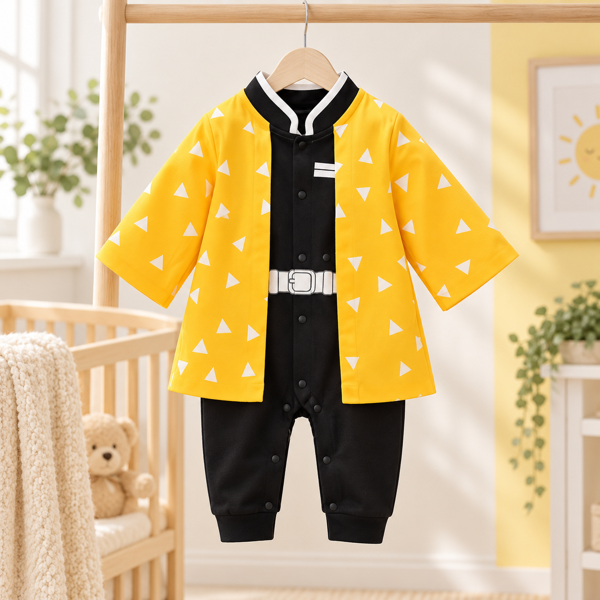 Zenitsu baby onesie displayed on a hanger in a warm nursery