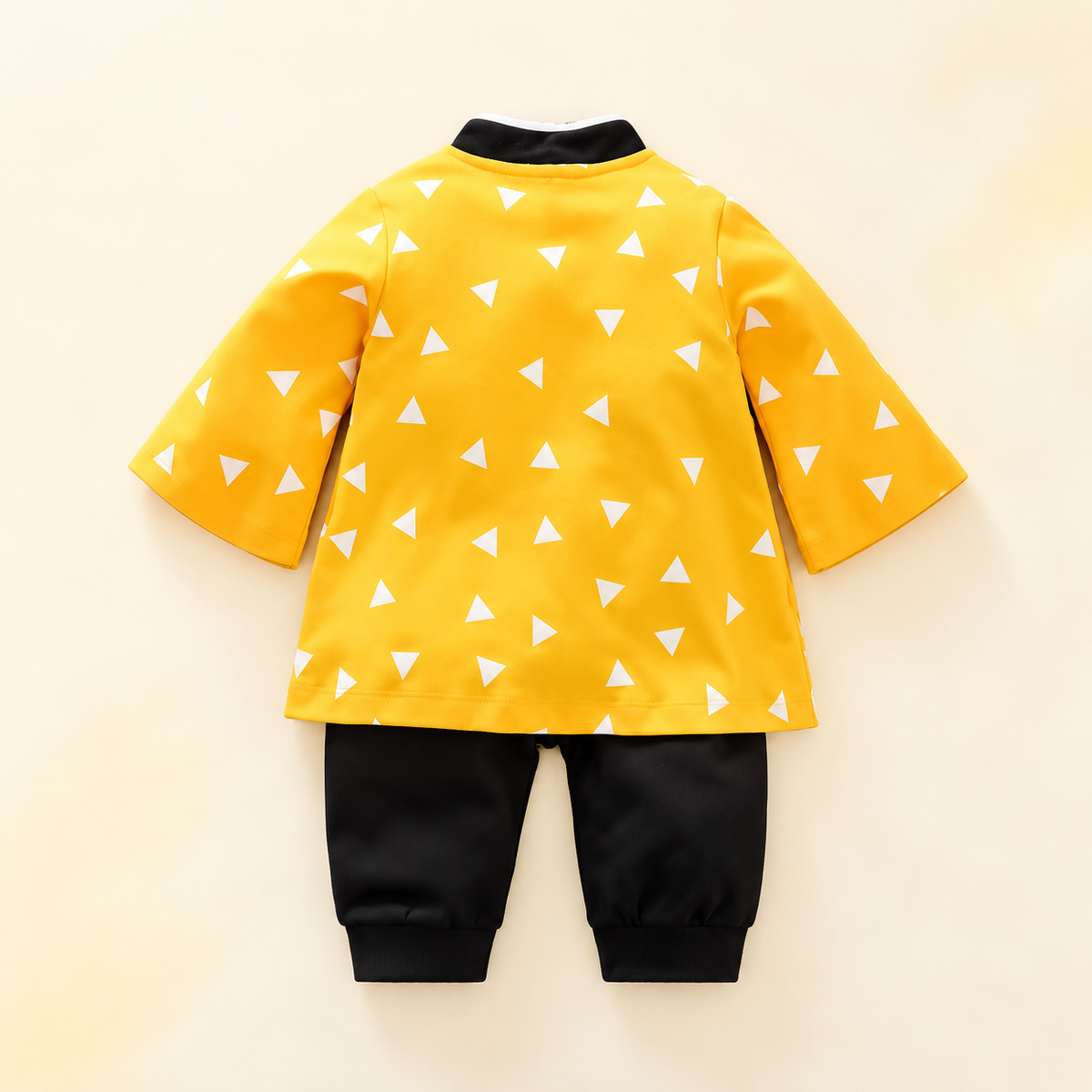 Back view of the yellow and black Zenitsu baby onesie