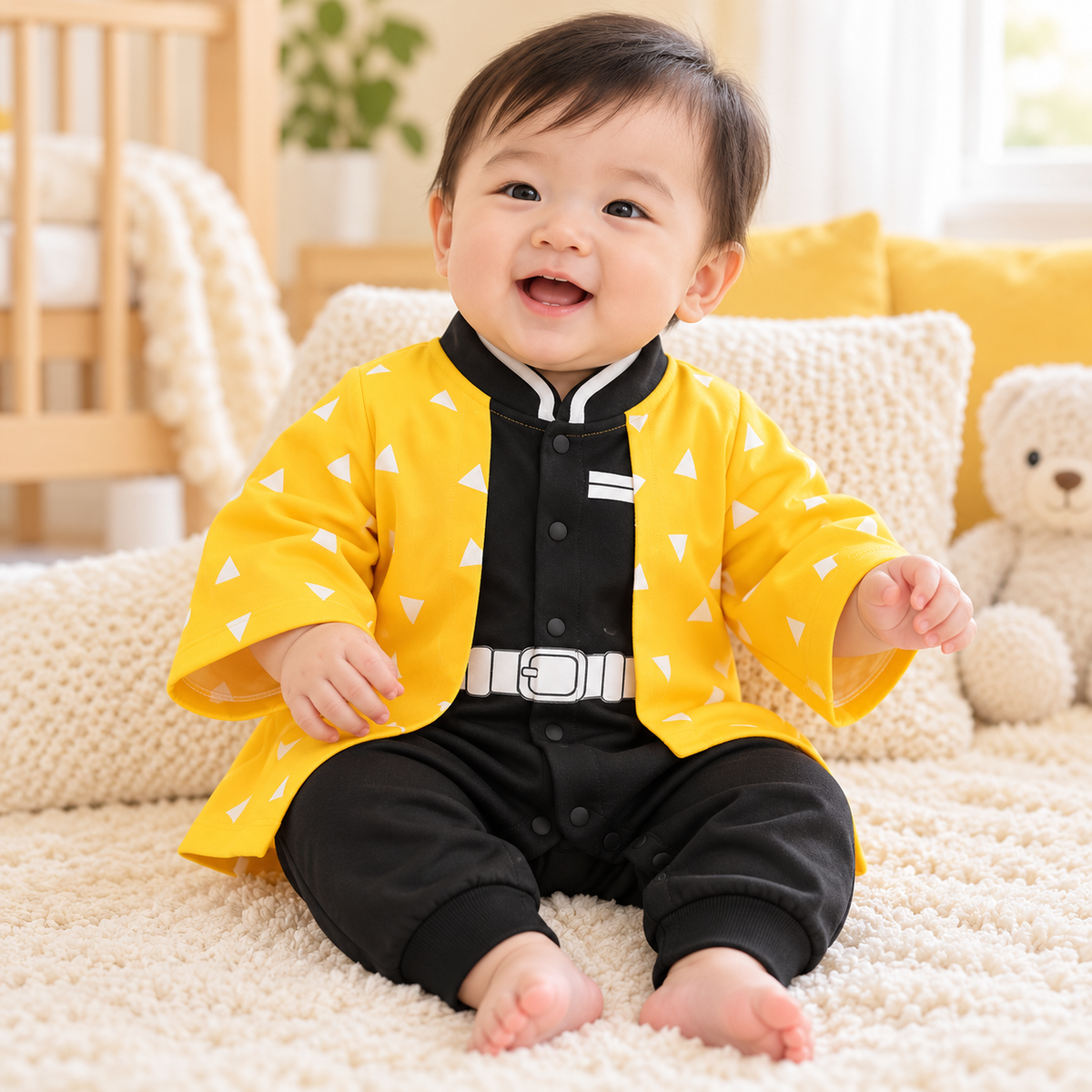 Asian baby wearing the Zenitsu anime baby onesie