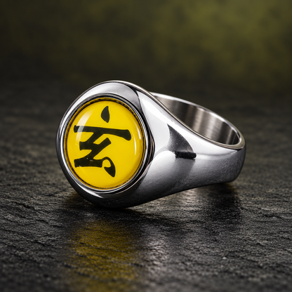 Three-quarter side view of the silver-tone Zetsu Gai ring