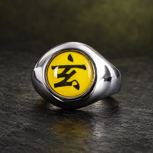 Zetsu Gai Akatsuki ring with vivid yellow 亥 face on charcoal